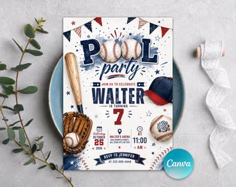 Baseball Pool Birthday Invitation, Sports Summer Party Invite, Baseball Theme, Baseball Invitation, Editable Canva Template