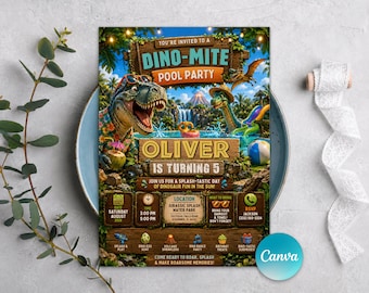 Dinosaur Pool Party Invitation, Dino Splash Birthday Invite, Jurassic Birthday Party, Editable Canva Template, Boy Birthday