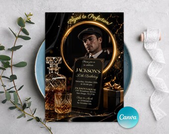 Aged To Perfection Geburtstagseinladung, Whisky Bourbon Party einladen, Herren Meilenstein 30.40.50., Neongold, bearbeitbare Canva-Vorlage