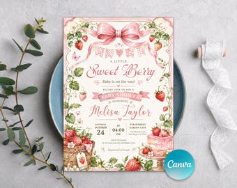 Baby showeruitnodiging aardbei, roze babyshoweruitnodiging, aardbeithema, zoete babyshoweruitnodiging Berry, bewerkbare canvassjabloon