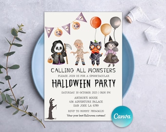 Calling All Monsters Invitation, Halloween Birthday Invitation, Kids Halloween Costume Party Invitation, Monsters Birthday Invitation