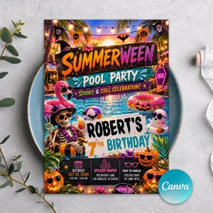 May include: A rectangular invitation for a Summerween pool party for Robert's 7th birthday. The design features a skeleton in a pool, a pink flamingo float, a pumpkin float, and a ghost. Text includes Summerween, Pool Party, and event details.
