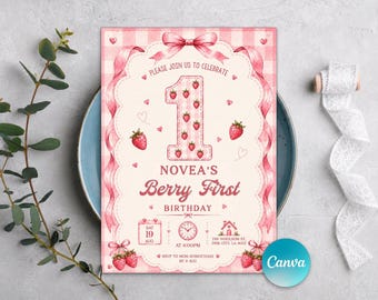 Strawberry 1st Birthday Invitation, Berry First Birthday Invitation, Pink Strawberry Party, Editable Canva Template
