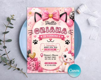 Cute Kitty Birthday Invitation,Kitty Birthday Party,Cute Kitty Pink Birthday Theme,Kitty Party Invitation,Instant Download,Editable Canva