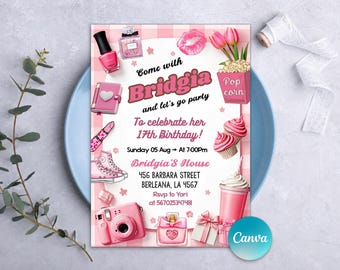 Pink Aesthetic Birthday Invitation, Girl party invite, Teen girl birthday, Double Digits Invitation, Teen Birthday, Any Age, editable canva