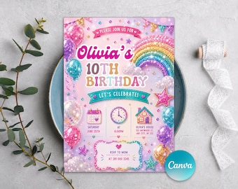 Rainbow pailletten glitter uitnodiging, regenboog pailletten glitter uitnodiging voor meisjesfeest, meisjes roze verjaardagsuitnodiging, bewerkbare canvas sjabloon