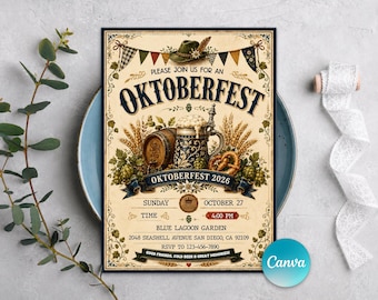 Oktoberfest Invitation, Bavarian Beer Festival Party Template, Beer Fest Canva Template Evite, Bavarian Fall Celebration, editable canva