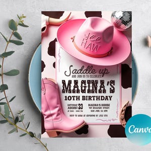 Pink Cowgirl Birthday Invitation, Cowgirl Invitation, Hoedown Birthday Party Invite, Country Western Invite, Any Age, Digital Editable canva