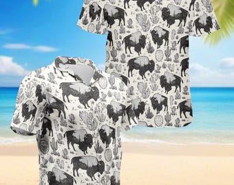 Camisa hawaiana de bisonte para hombre, camisa aloha de búfalo occidental, camisa abotonada de cactus del desierto, camisa playera de vaquero estilo rancho, regalo de verano único