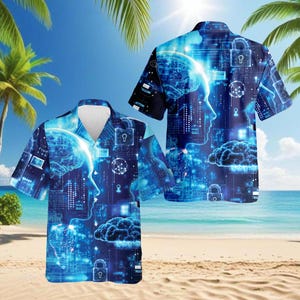 Peut inclure: Chemise à manches courtes avec un motif de cerveau numérique et de profil dans les tons de bleu. La chemise présente un col en V et un fond de plage tropicale. Le motif comprend des serrures, des motifs de circuits et des formes de nuages.