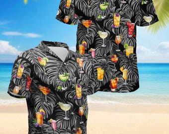 Camicia hawaiana da cocktail, camicia Aloha con drink tropicale, camicia da spiaggia con cocktail, camicia hawaiana divertente con alcolici, camicia estiva da festa dalla S alla 5XL