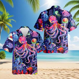 Camisa hawaiana de pulpo neón, camisa hawaiana de medusas, camisa veraniega colorida con temática oceánica, camisa playera psicodélica con motivos marinos, animales marinos tropicales