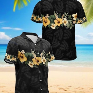 May include: Black button-down shirt with a tropical floral design. The shirt features a pattern of yellow hibiscus flowers, white flowers, and green leaves. The background is a dark, leafy pattern. The shirt is short-sleeved and has a classic collar.