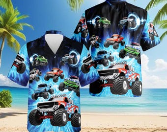 Monster Truck Hawaiian Shirt, Cool Car Racing Aloha Shirt for Men, 3D Graphic Beach Vacation Shirt, Summer Gift for Him