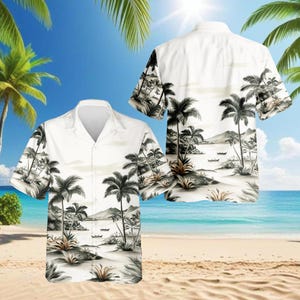 Camisa hawaiana de playa tropical, camisa hawaiana vintage con palmeras, camisa hawaiana con paisaje isleño, camisa clásica con escena de playa.