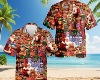 Camicia hawaiana di Babbo Natale, camicia natalizia Aloha, camicia tropicale vintage di Babbo Natale, camicia da spiaggia per le vacanze, camicia per feste di Natale