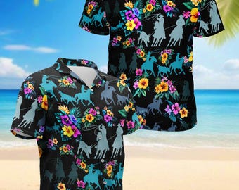 Chemise hawaïenne cowboy pour homme, chemise Western Rodeo Aloha, cavalière cavalière tropicale boutonnée, chemise d'été country western, cadeau pour amateur de cow-boy