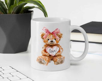 かわいいテディベアマグ、水彩クマのコーヒーマグ、ラブテディマグ、彼女へのバレンタインギフト、キュートでロマンチックなマグ、クマのハートマグ