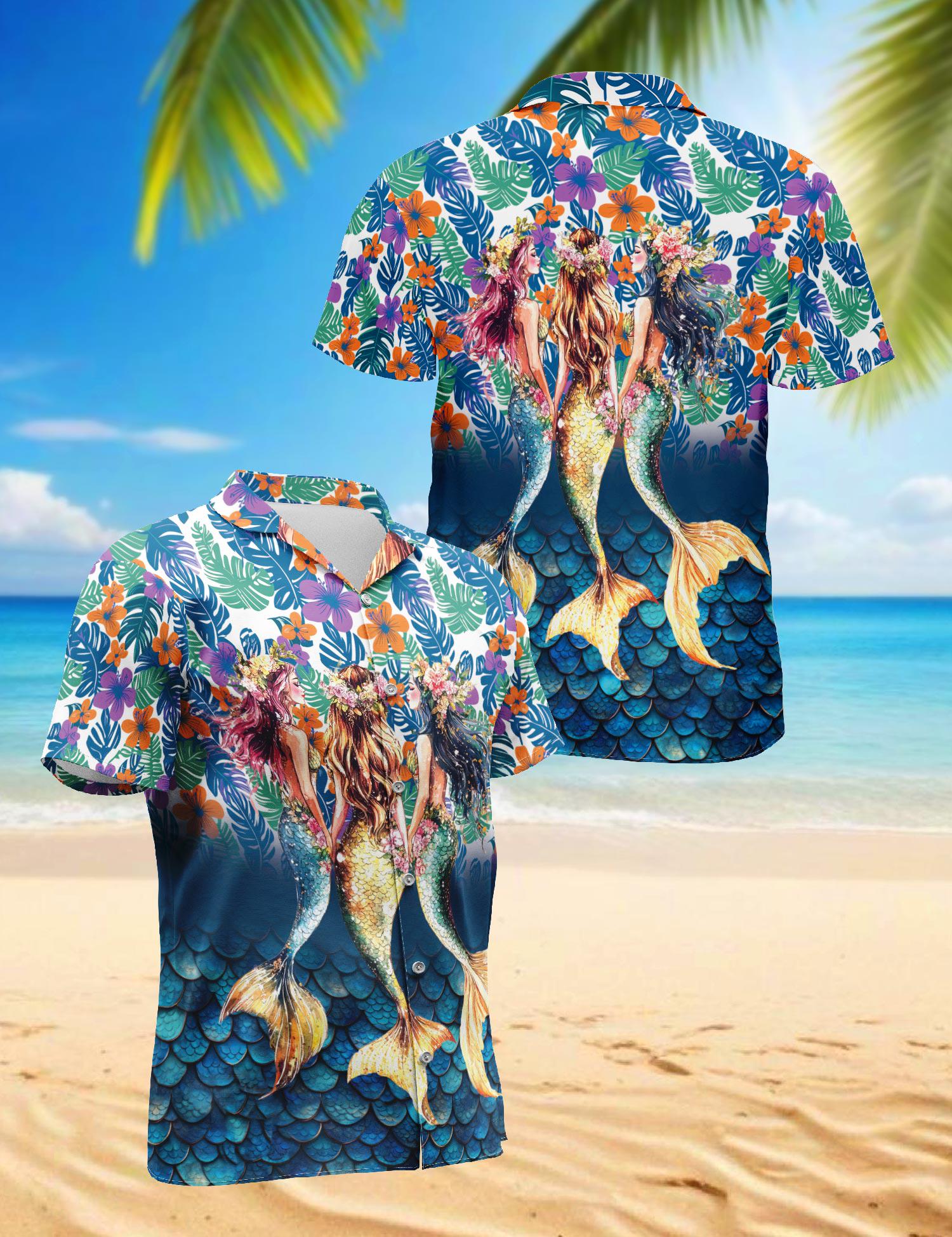 Mermaid Hawaiian Shirt, Tropical Floral Aloha Shirt, Colorful