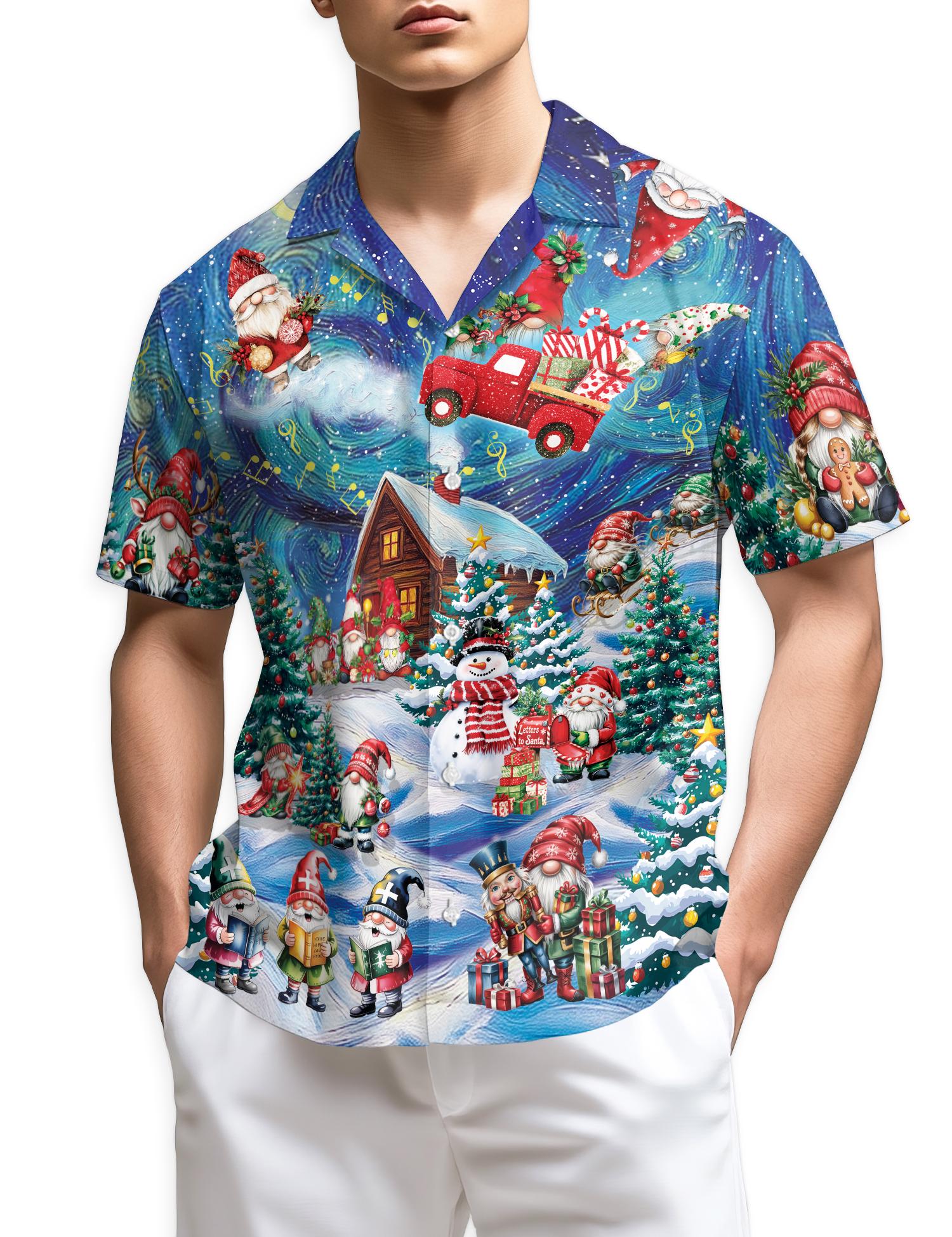 Discover Santa Christmas Cottage Night Sky Hawaiian Shirt, Festive Holiday Aloha Shirt for Men & Women, Snowy Santa Tropical Gift