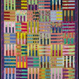 May include: A colorful quilt made of various fabric strips sewn together in a grid pattern. The quilt features a variety of colors, including red, yellow, blue, green, purple, and pink. The fabric strips are arranged in a horizontal and vertical pattern, creating a visually interesting and dynamic design.