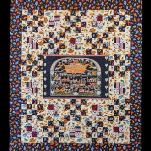 May include: A quilt with a black and white checkered pattern and a central panel depicting Noah's Ark with animals. The border of the quilt is a black background with a repeating pattern of animals.