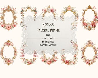 May include: A collection of Rococo floral frames in pink, with gold accents and delicate floral arrangements. The image includes oval and arched frame designs, with the text "Rococo Floral Frame - pink - 10 PNG files 4000px / 300 dpi".