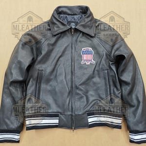 USA Leather Bomber Jacket – Vintage 90s Style – Patriotic Cowhide Leather Outerwear for Men