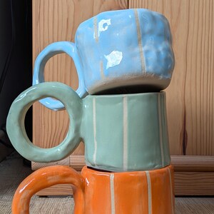 Handmade Ceramic Mug 250ml Striped | Handmade Mug with Large Round Handle | Gift for Her | Modern Pottery Chubby Mug