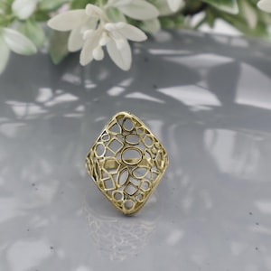 Geometric Brass Statement Ring, Modern Openwork Adjustable Ring, Bold Artisan Jewelry, Minimalist Boho Brass Ring, Unique Gift for Her