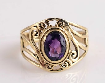 Handmade Brass Ring with Amethyst Gemstone – Boho Vintage Jewelry, Adjustable Purple Stone Ring, Unique Spiritual Healing Gift for Her