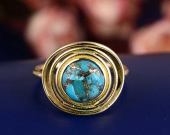 Anillo de latón turquesa – Anillo de piedras preciosas estilo boho, joyería vintage hecha a mano, regalo de piedra azul verdosa para ella