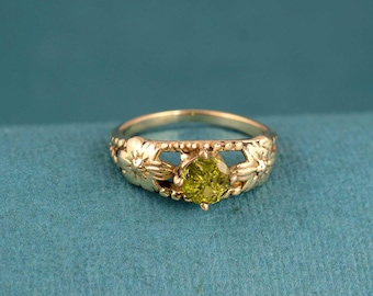 Brass Peridot Ring – Green Gemstone Crystal Ring, Handmade Vintage Boho Jewelry, Adjustable Healing Ring, August Birthstone Gift for Her