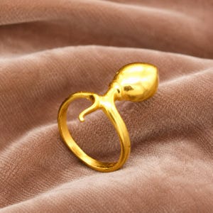 Puede incluir: Un anillo de tono dorado pulido que presenta un punto focal liso, redondeado y bulboso que se extiende desde la banda. La superficie metálica es reflectante y de color uniforme, mostrando un diseño fluido y continuo que une la banda circular.