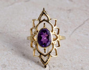 Brass Amethyst Statement Ring, Handmade Boho Jewelry, Vintage Style Filigree Brass Ring, Purple Gemstone Ring, Gift for Her Adjustable