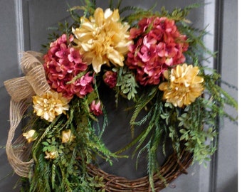 Wreath For Summer Front Door, Summer Hydrangea Wreath, Front Door Wreath, Farmhouse Wreath, SALE