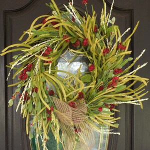 Red poppy wreath for summer door, Wreath for summer, Wild grass and poppy wreath
