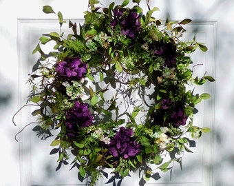 Year Round Purple Hydrangea Wreath For Door, Spring  Door Wreath, Farmhouse Décor, Purple Hydrangea Wreath