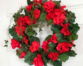 Red Geranium Wreath For Front Door, Wreath For Summer, Country Farmhouse Wreath, Summer Wreath