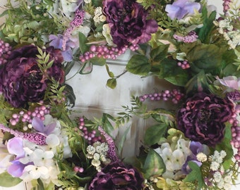 Purple Peony Wreath For Spring Door, Cottage Style Purple Peony Wreath, Spring Country