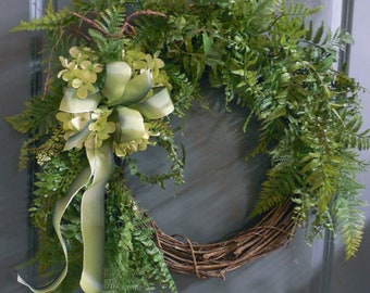 Summer Wreath For The Door, Year Round Wreath. Fern Wreath