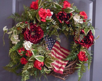 Patriotic Wreath, Memorial Day Wreath, Spring Door Wreath, 4 TH of July Décor, Spring/Summer Wreath, Geranium Wreath, Independence Day