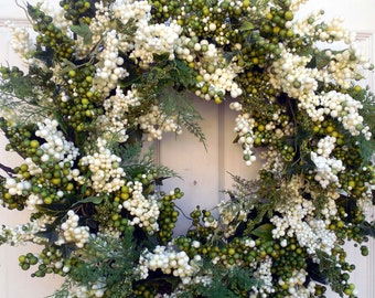 Wreath For Winter Door,  Year Round For Wreath -  Farmhouse Wreath - 20/18" White and Green Berry Wreath