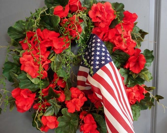 Patriotic Décor For Memorial Day, Red Geranium Wreath For The Front Door, Wreath For 4th Of July, Memorial Day Wreath