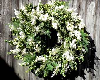 White Berry and Fern Wreath For Front Door, Year Round Wreath, Country Farmhouse Décor