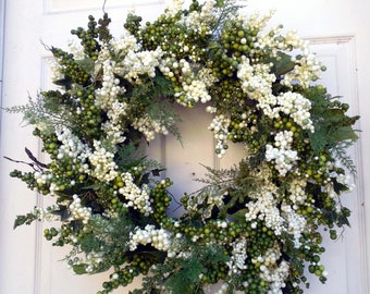 XL Year White Berry and Fern Door Wreath - Wreath For Year Round Door Door - Farmhouse Wreath - 24/26" Wreath for all Seasons