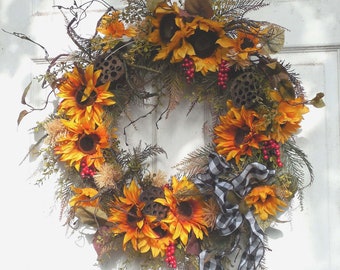 Late Summer Fall Wreath For The Front Door With Sunflowers, Farmhouse/Country Wreath For The Door, Autumn Wreath