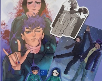 May include: A collection of anime-style art prints and stickers featuring two characters with purple and dark hair. The artwork includes a large rectangular print, a die-cut sticker, a smaller rectangular print, and two small character stickers.