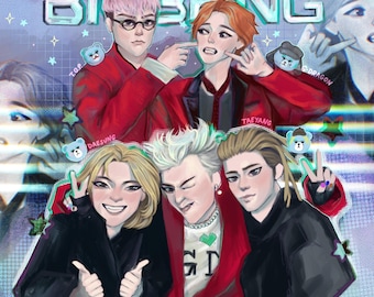 May include: Digital illustration of the K-pop group BIGBANG, featuring portraits of the members. The artwork has a purple and blue color scheme with the group's name at the top. Each member is depicted in a unique style.