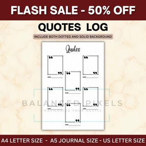 Può includere: Una pagina bianca del diario Quotes Log con sfondo a pois e tinta unita. La pagina presenta sei riquadri per citazioni con spazio per i nomi. Il testo in alto recita "Quotes". Il diario è disponibile nei formati A4, A5 e US Letter.
